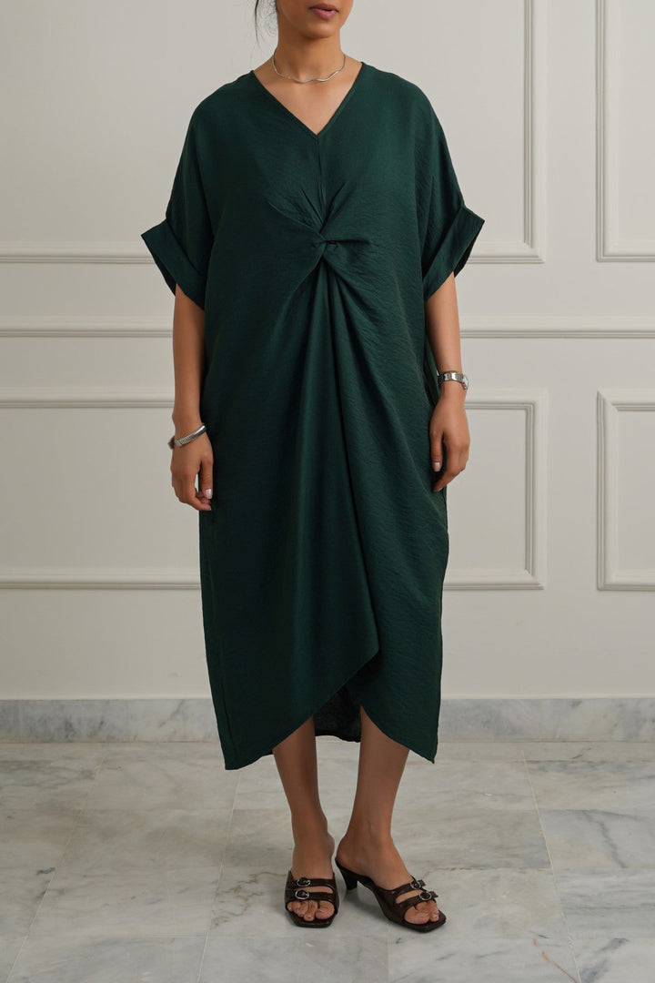 GREEN ASYMMETRICAL RUCHED DRESS