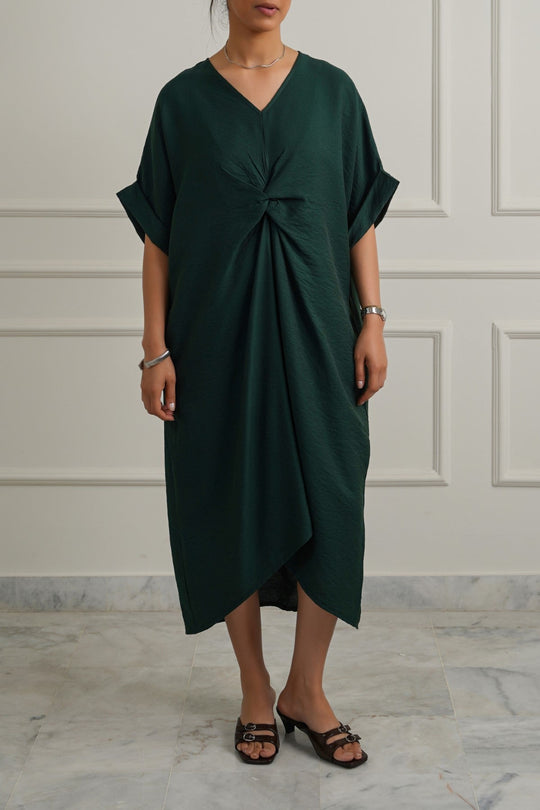 GREEN ASYMMETRICAL RUCHED DRESS
