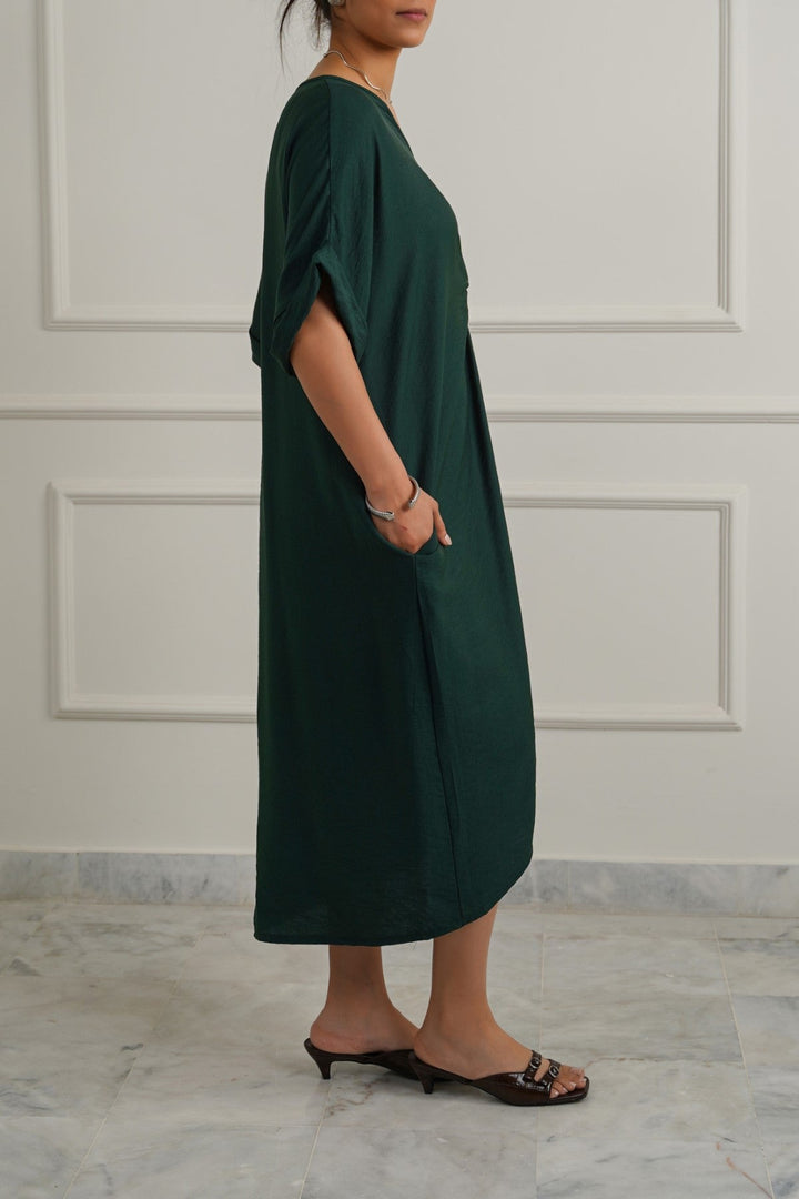 GREEN ASYMMETRICAL RUCHED DRESS