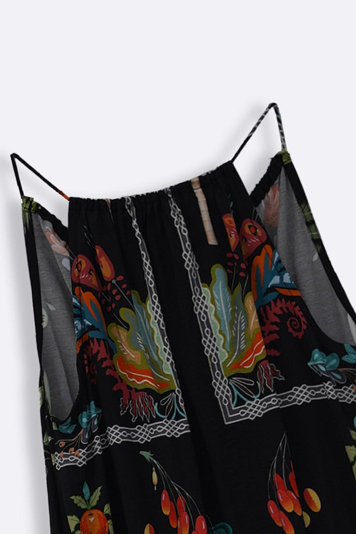 BLACK GREEN APPLE HALTER DRESS