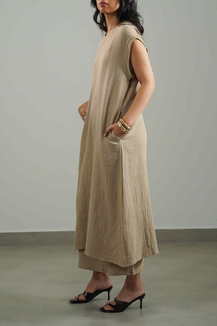 BEIGE RIB TRIM COTTON DRESS