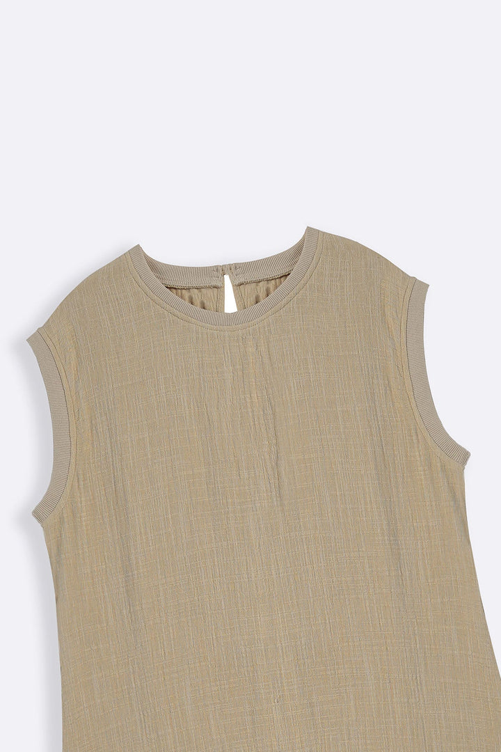 BEIGE RIB TRIM COTTON DRESS
