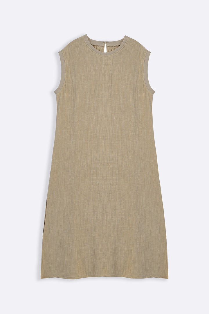 BEIGE RIB TRIM COTTON DRESS