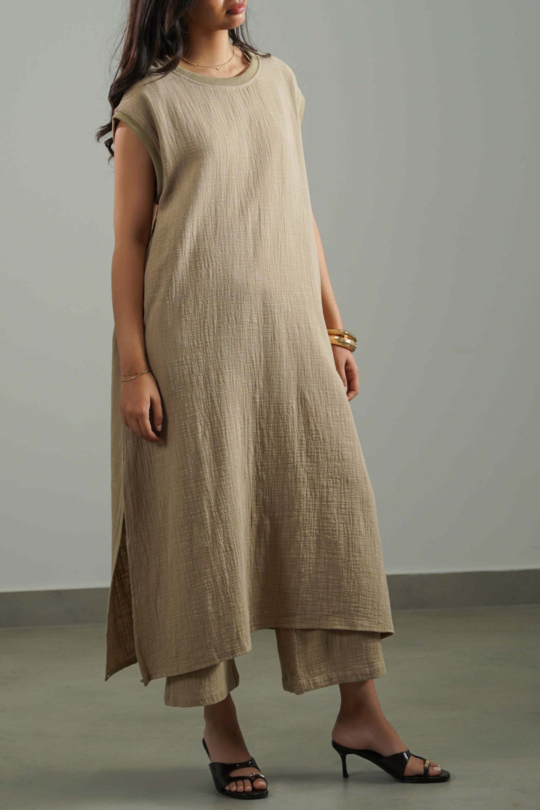 BEIGE RIB TRIM COTTON DRESS