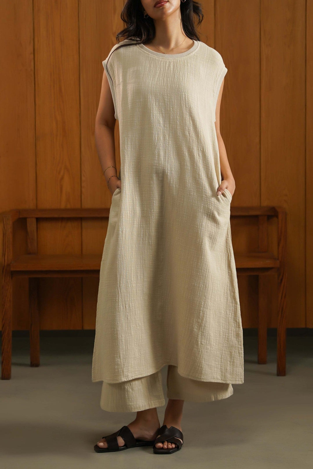 OATMEAL RIB TRIM COTTON DRESS