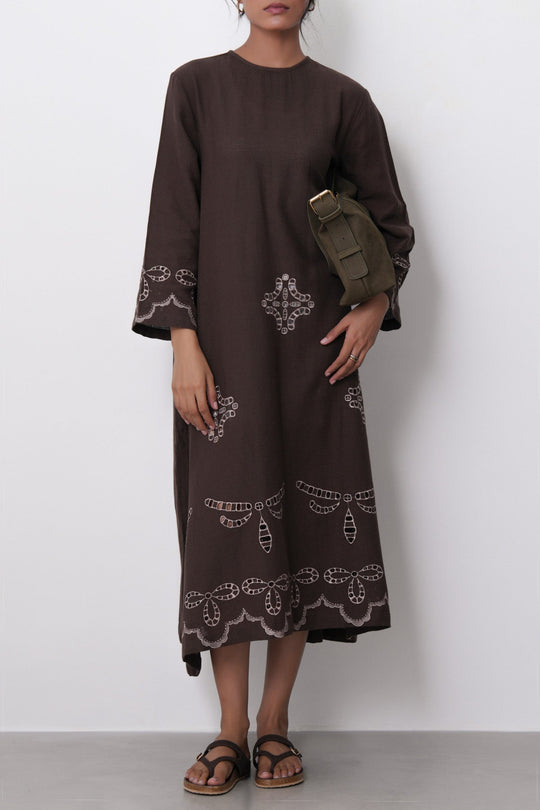 BROWN-EMBROIDERED COTTON DRESS