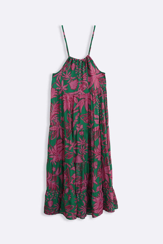 GREEN FLORA TIERED DRESS