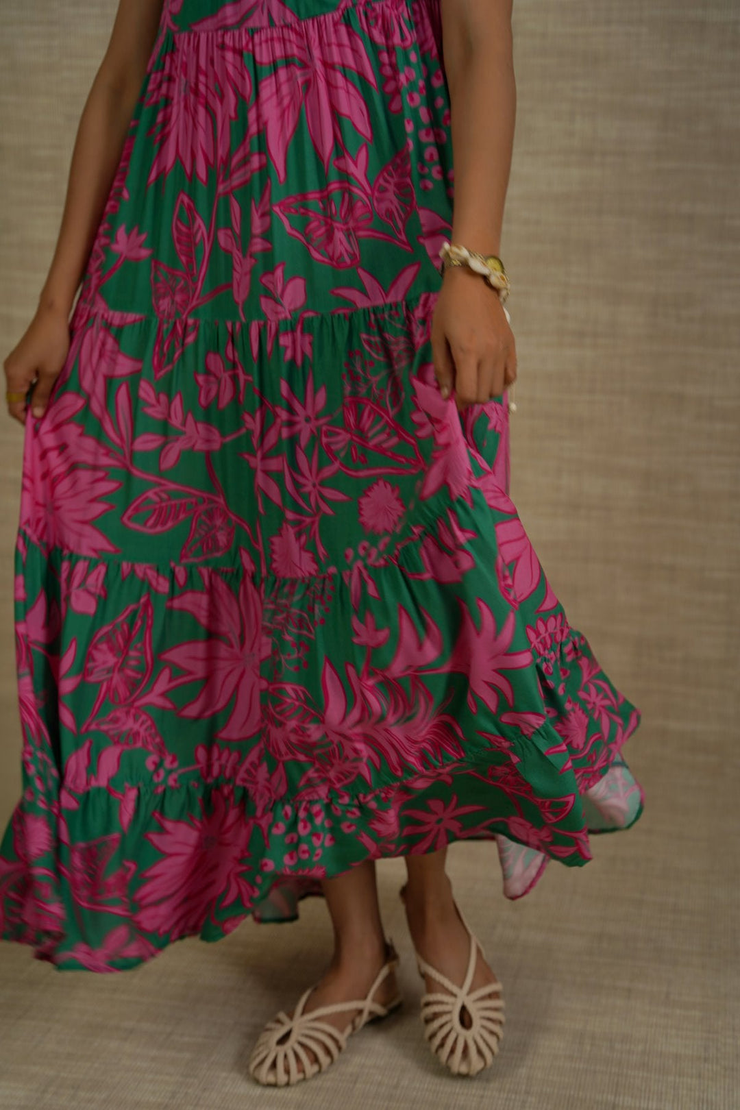 GREEN FLORA TIERED DRESS