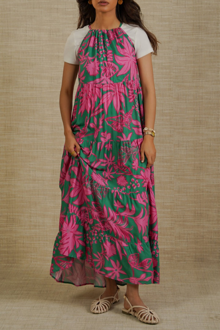 GREEN FLORA TIERED DRESS