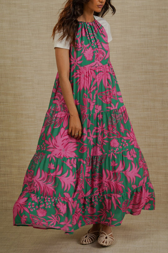 GREEN FLORA TIERED DRESS