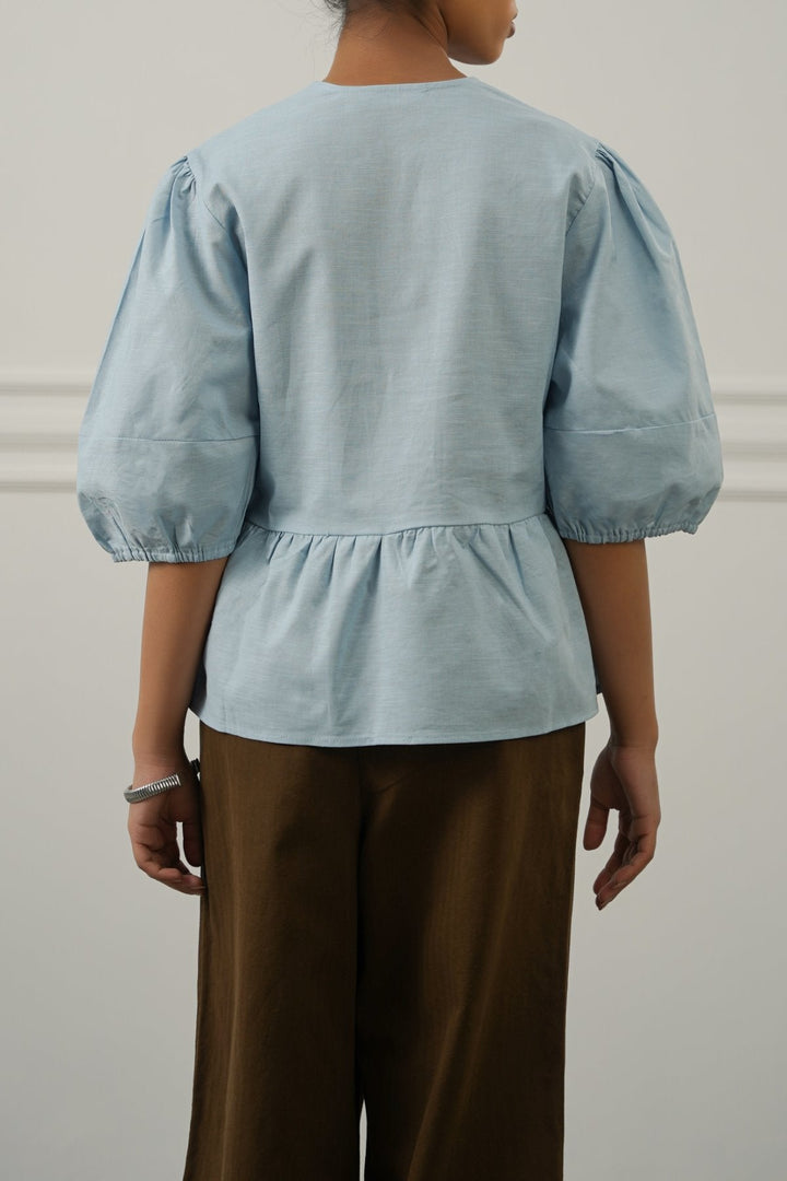 BLUE LINEN COTTON FLOUNCE TOP