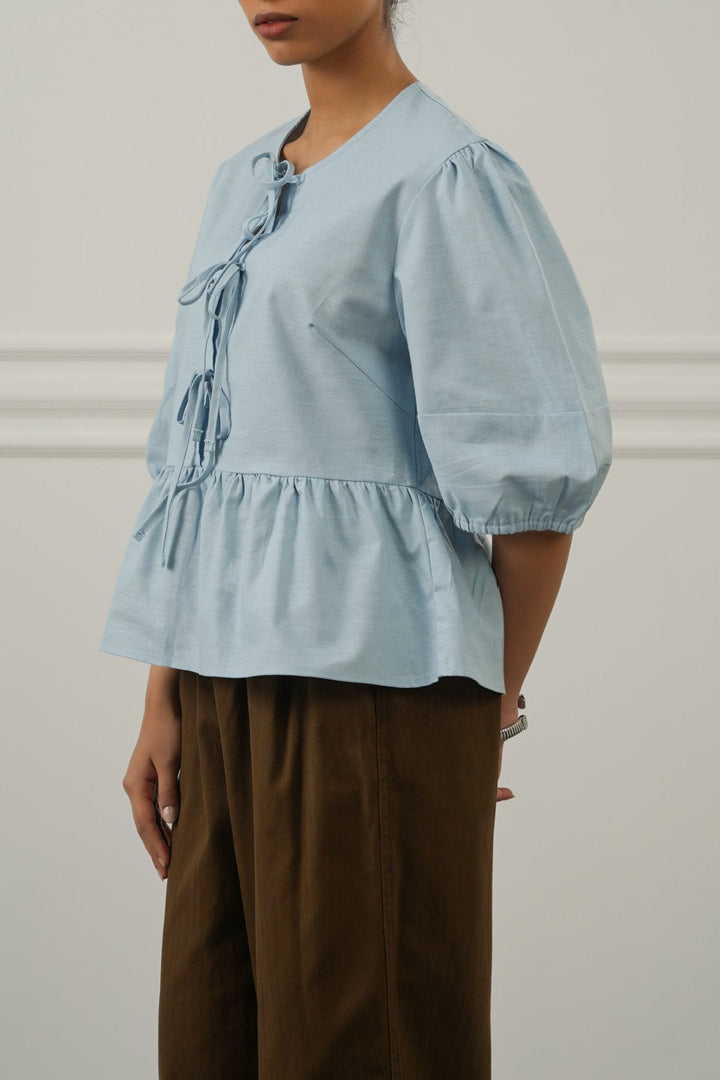 BLUE LINEN COTTON FLOUNCE TOP