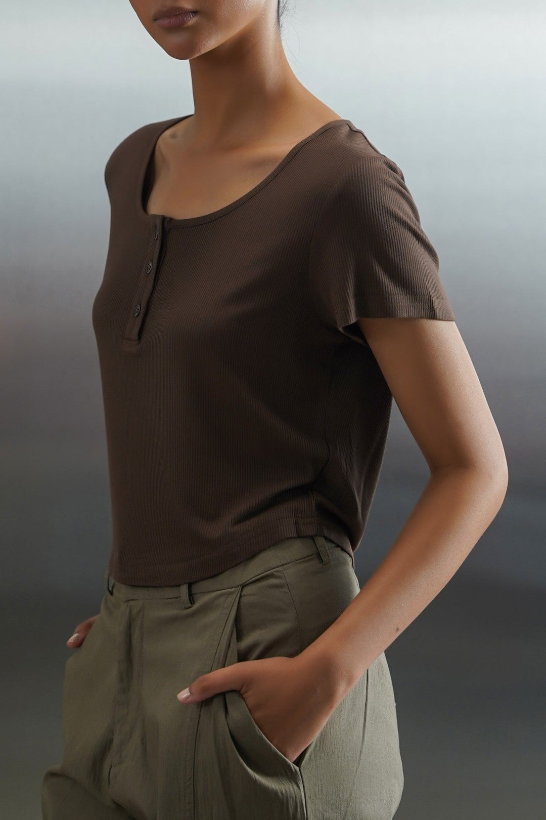 DARK BROWN HENLEY CREW TEE
