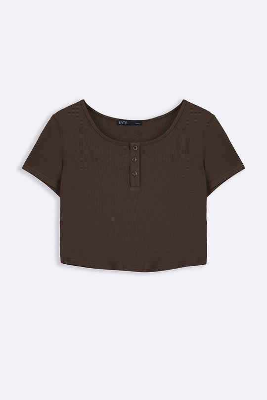 DARK BROWN HENLEY CREW TEE