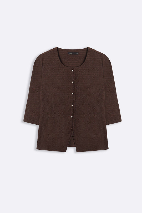 BROWN TEXTURED FITTED SHIRT