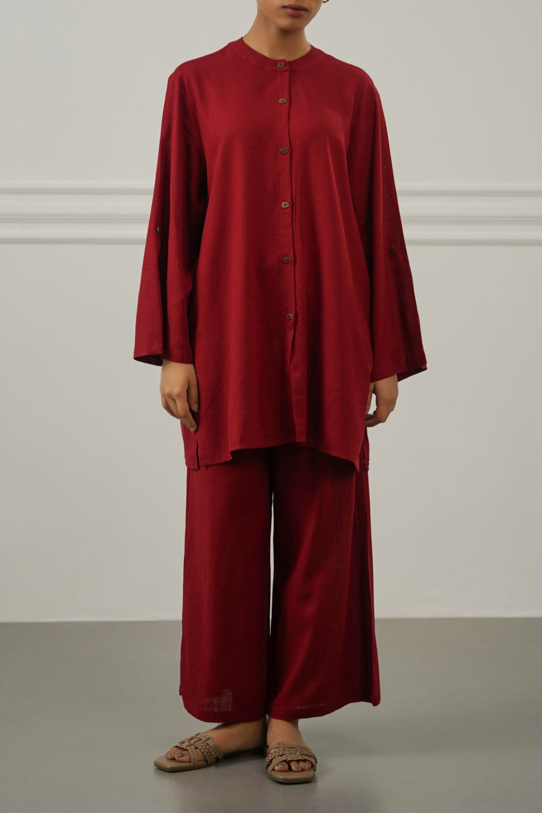 RED LINEN BLEND EASE SHIRT