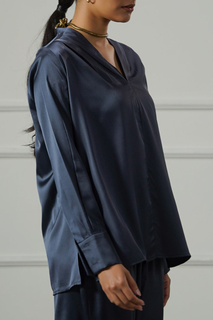 MIDNIGHT BLUE SATIN FORMAL BLOUSE