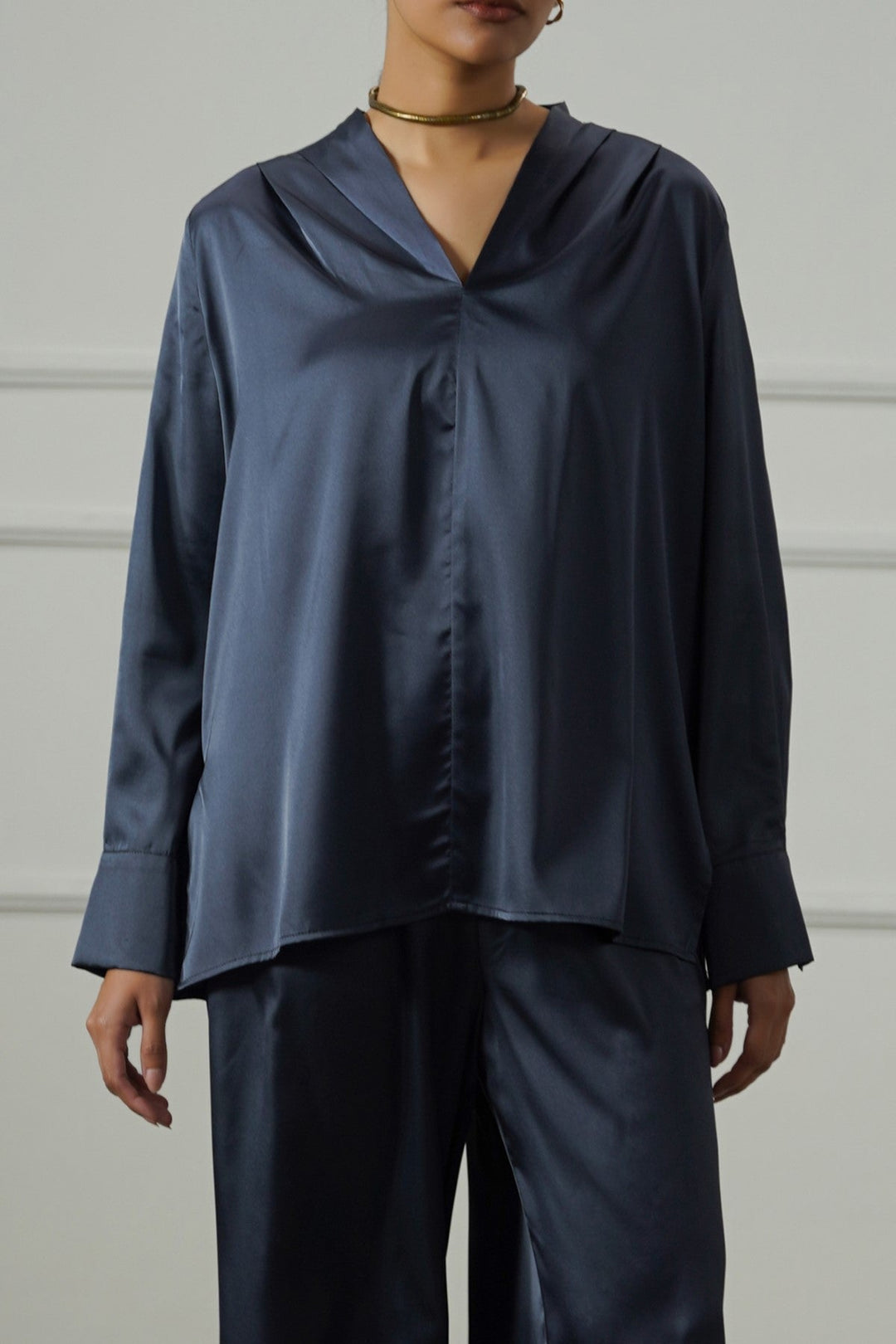 MIDNIGHT BLUE SATIN FORMAL BLOUSE