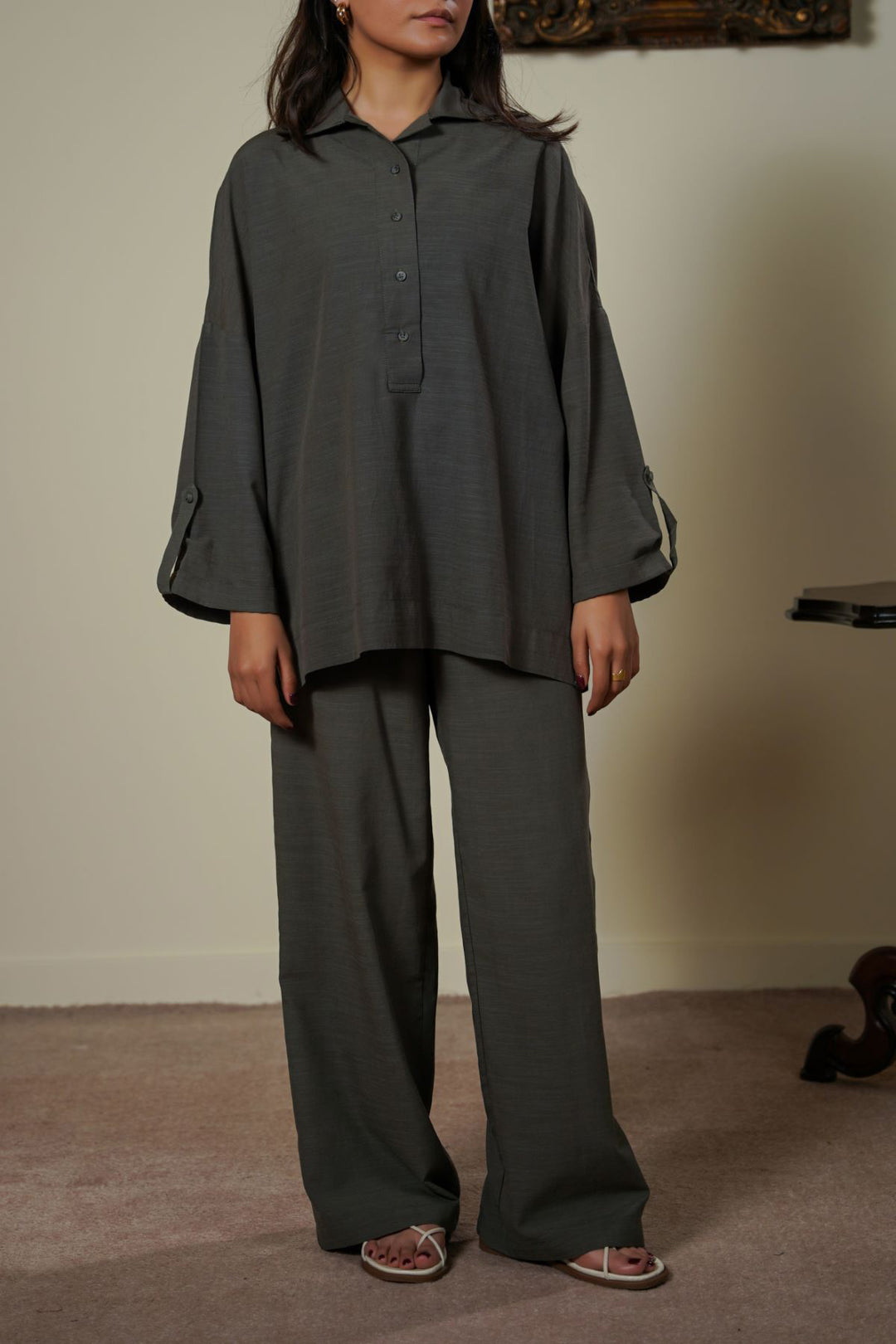 MOUSE GREY HALF-BUTTON SUMMER SHIRT