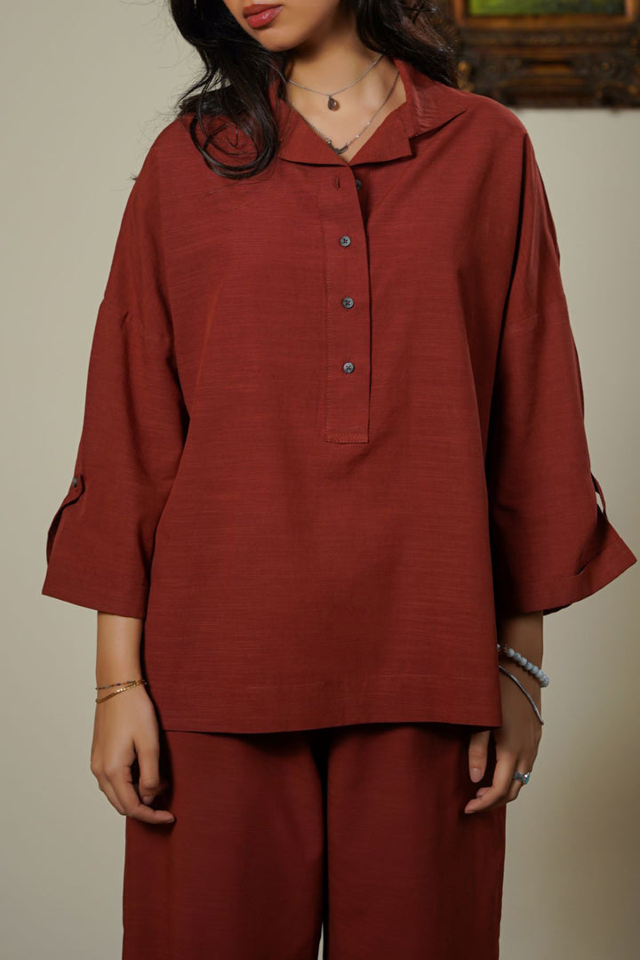 RUST HALF-BUTTON SUMMER SHIRT