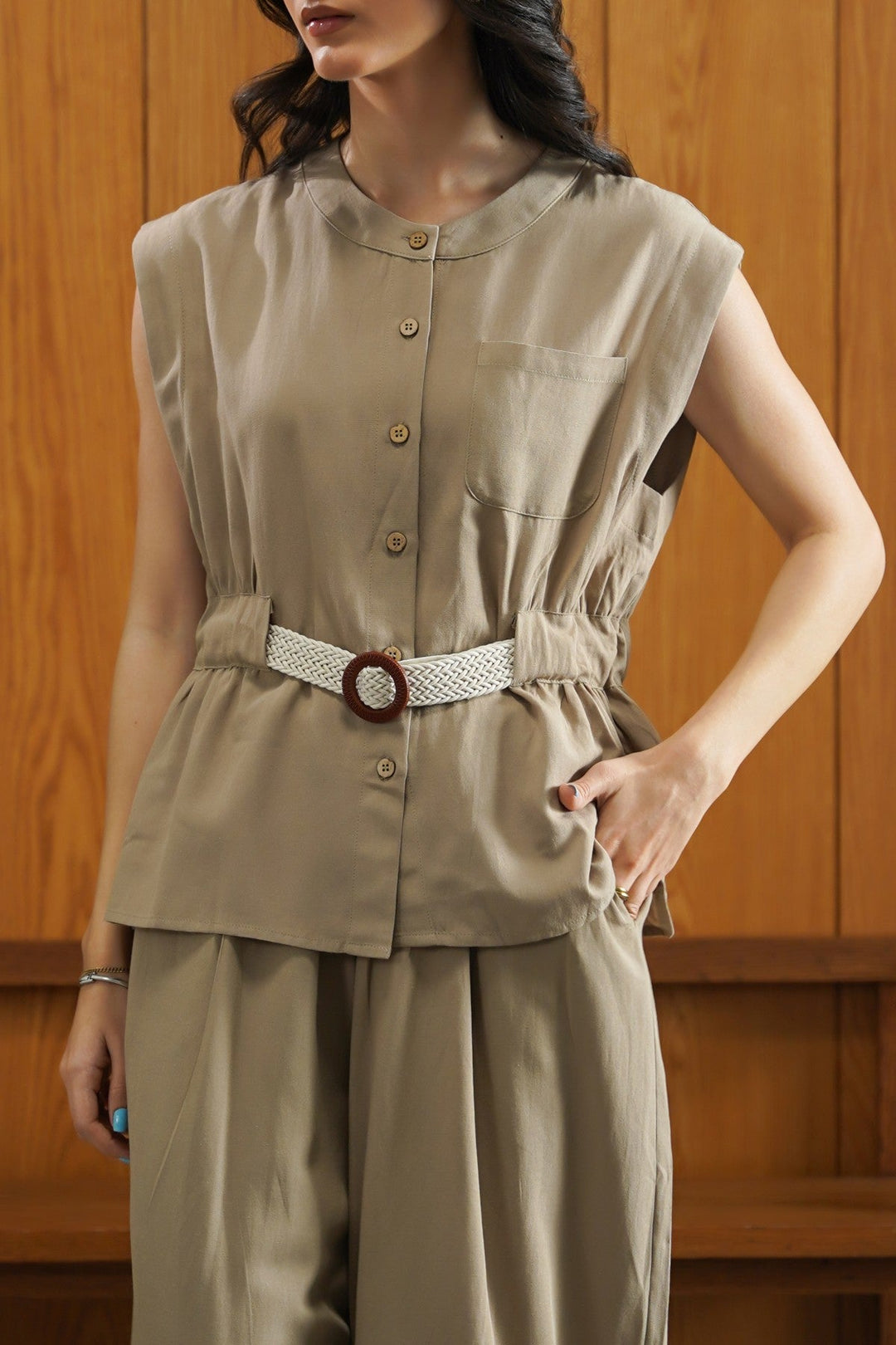 TAUPE BELTED SAFARI TOP