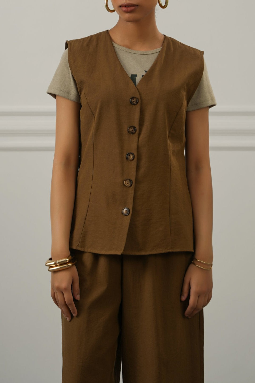 BROWN CASUAL COTTON MIX VEST