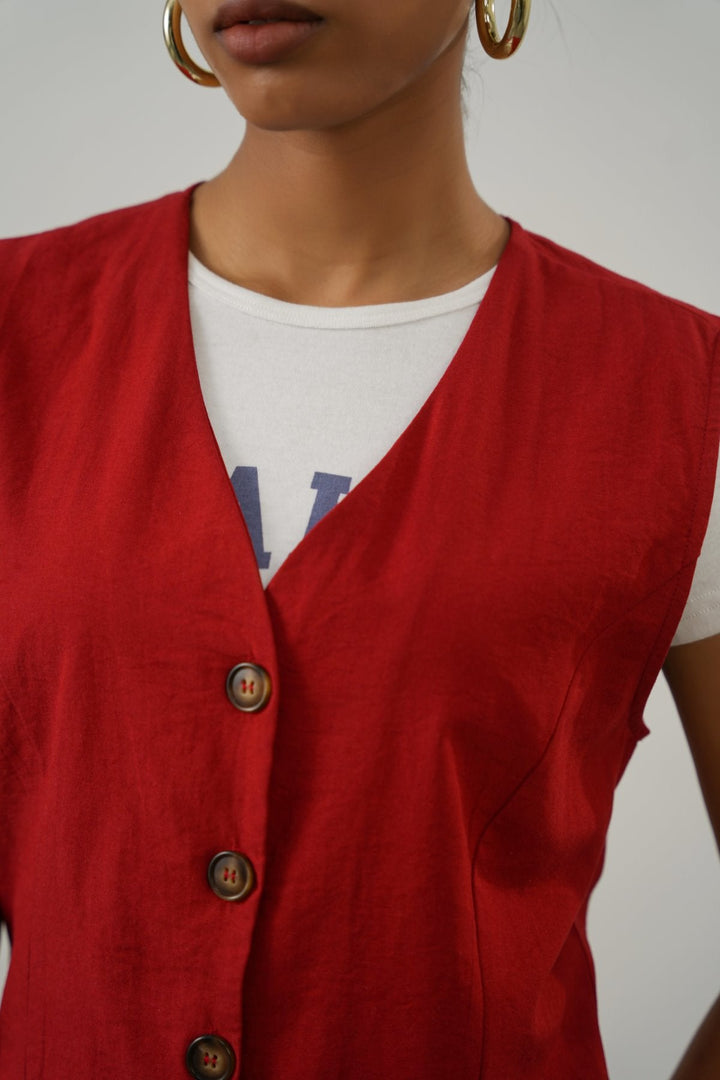 RED CASUAL COTTON MIX VEST