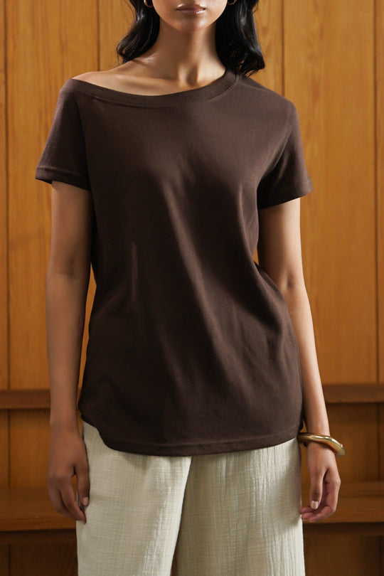 BROWN ASSYMETRICAL CUT TEE