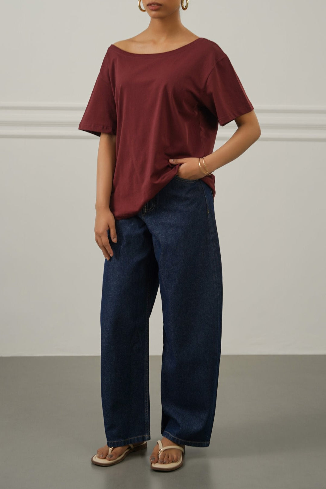 MAROON OFF SHOULDER PLAIN TEE