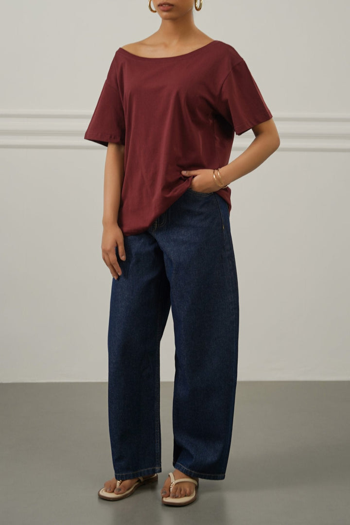 MAROON OFF SHOULDER PLAIN TEE
