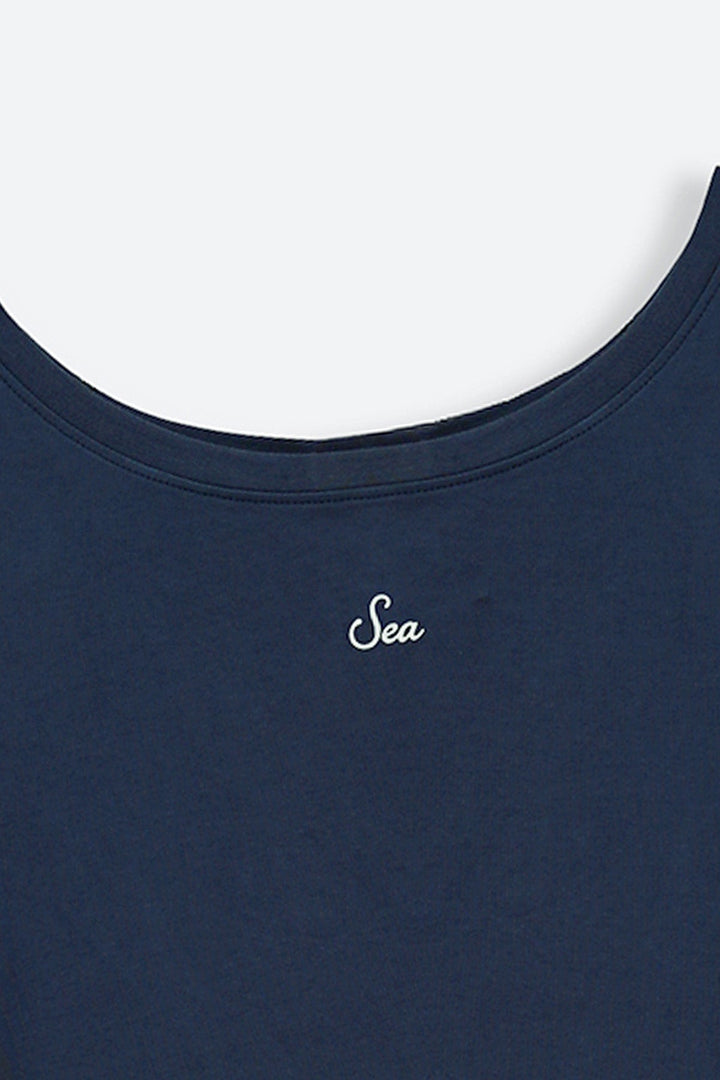 NAVY OFF SHOULDER TEXT TEE