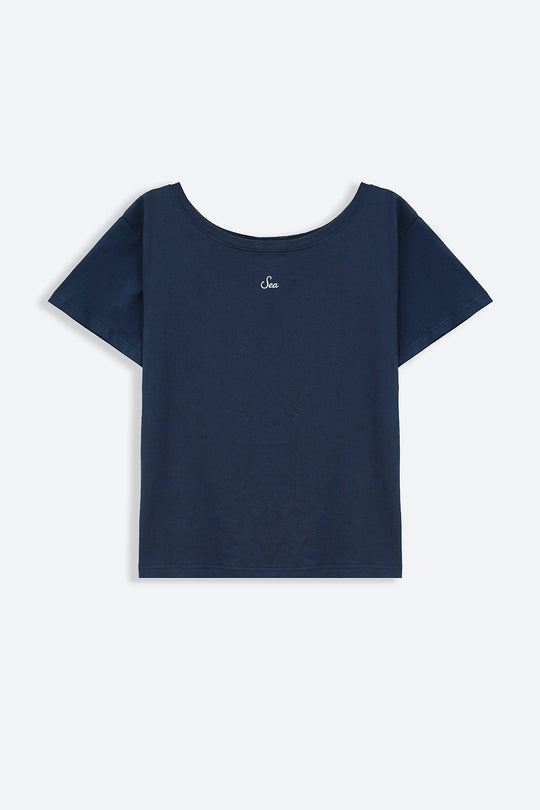 NAVY OFF SHOULDER TEXT TEE