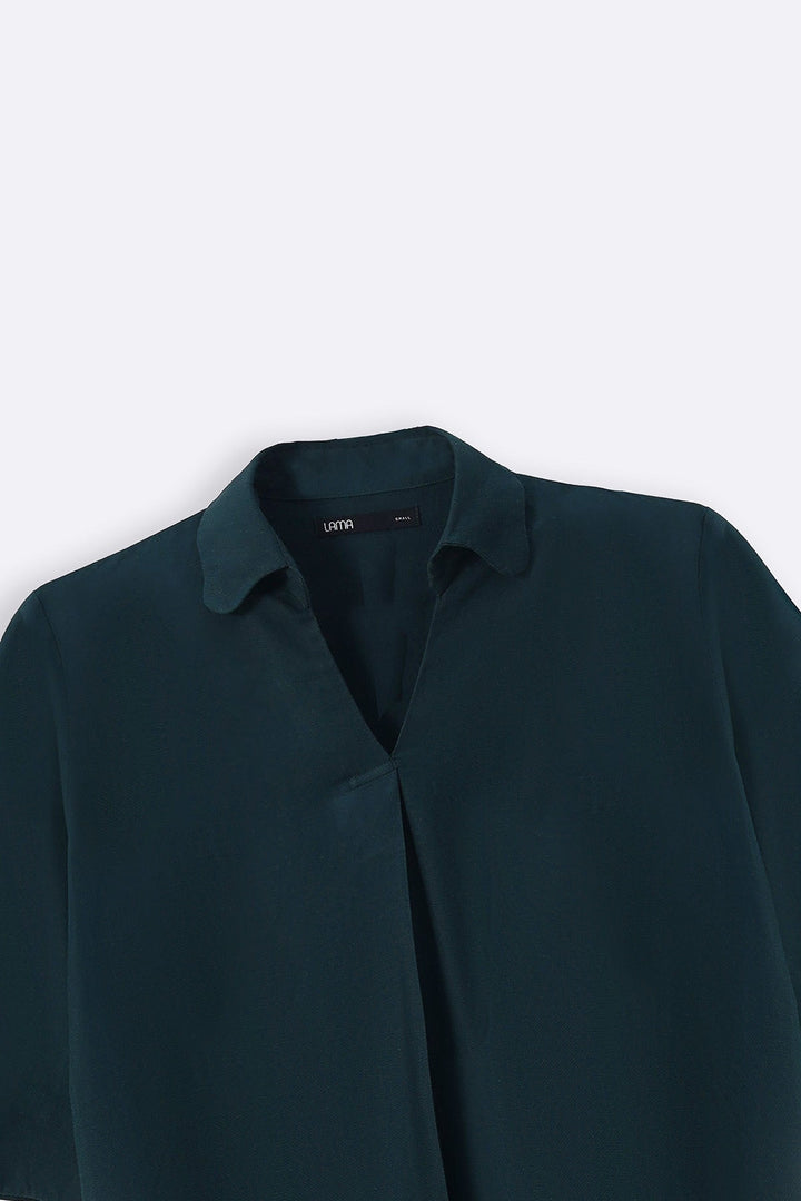 FOREST GREEN LINEN BLEND SCALLOP SHIRT