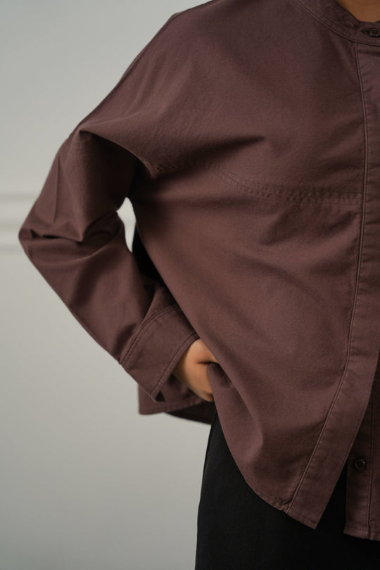 BROWN OVERSIZED BAND COLLAR SHIRT