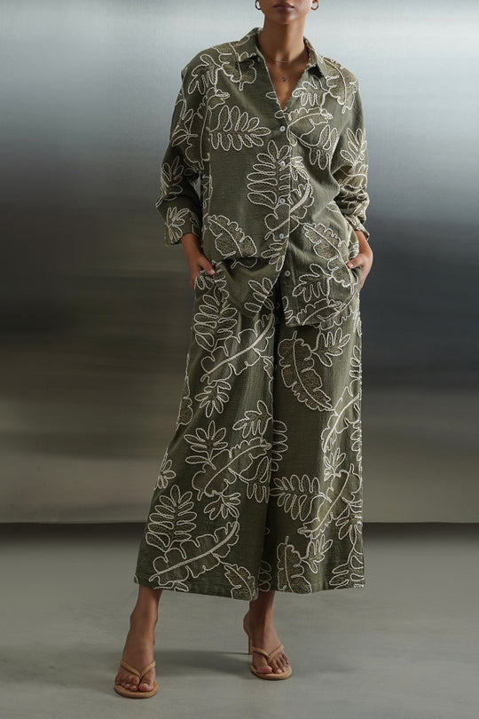 GREEN CORD COTTON EMBROIDERY SHIRT