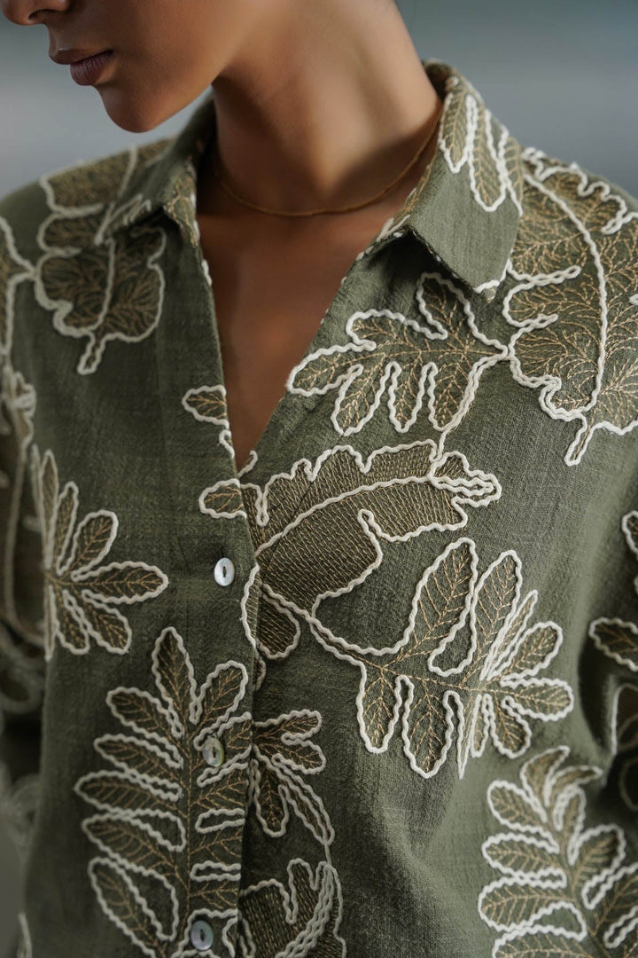 GREEN CORD COTTON EMBROIDERY SHIRT