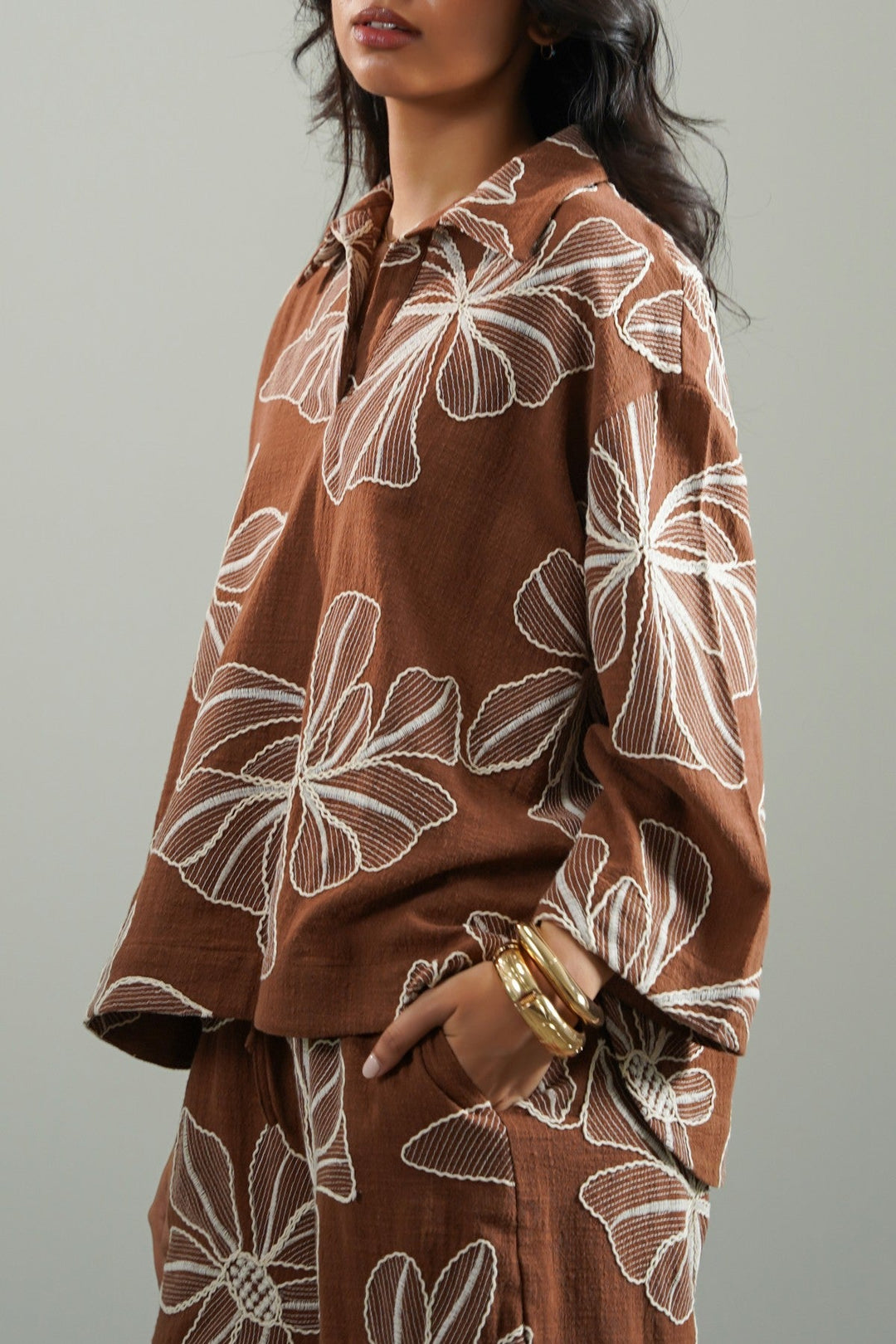 BROWN CORD COTTON EMBROIDERY SHIRT