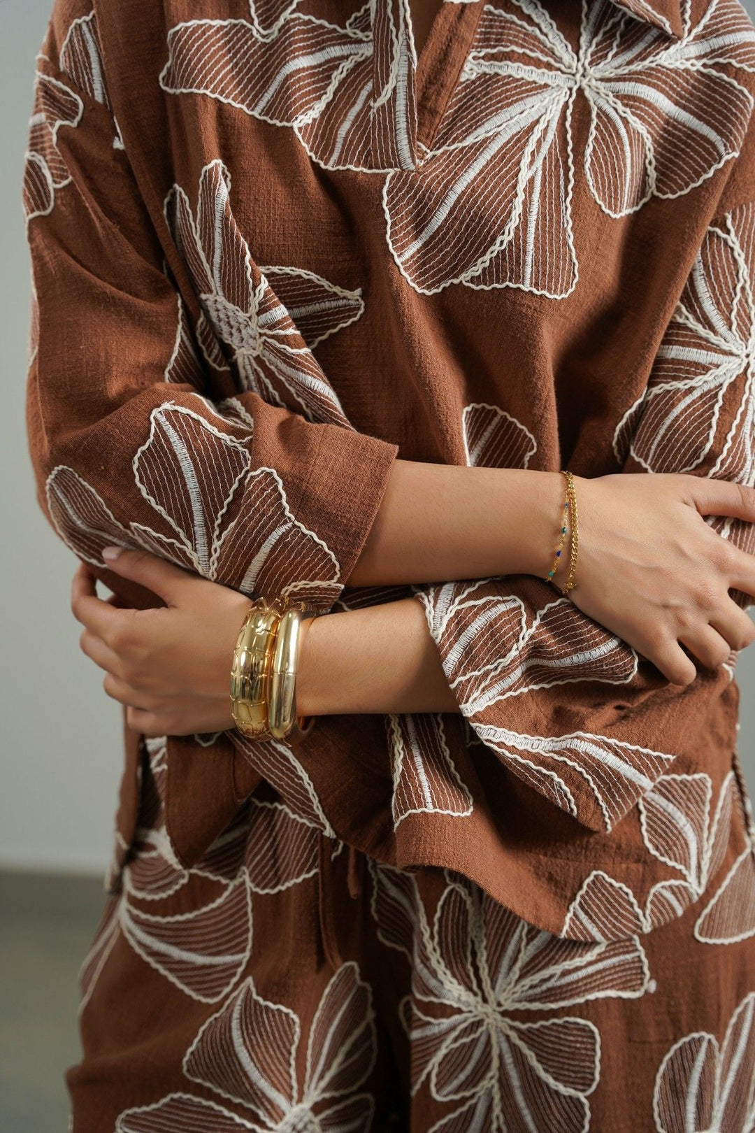 BROWN CORD COTTON EMBROIDERY SHIRT