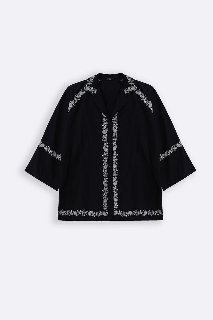 BLACK BRODERIE LAPEL SHIRT