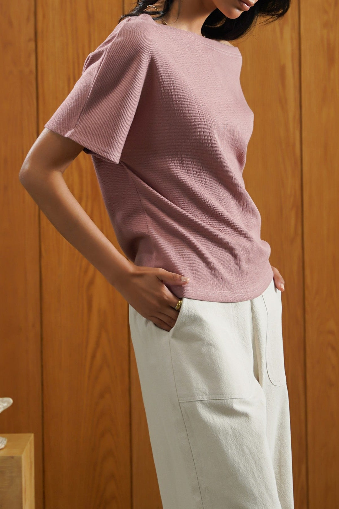 PASTEL PINK TEXTURED BLOUSON KNIT TOP
