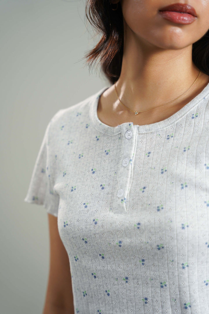 GREY FLORAL HENLEY TEE