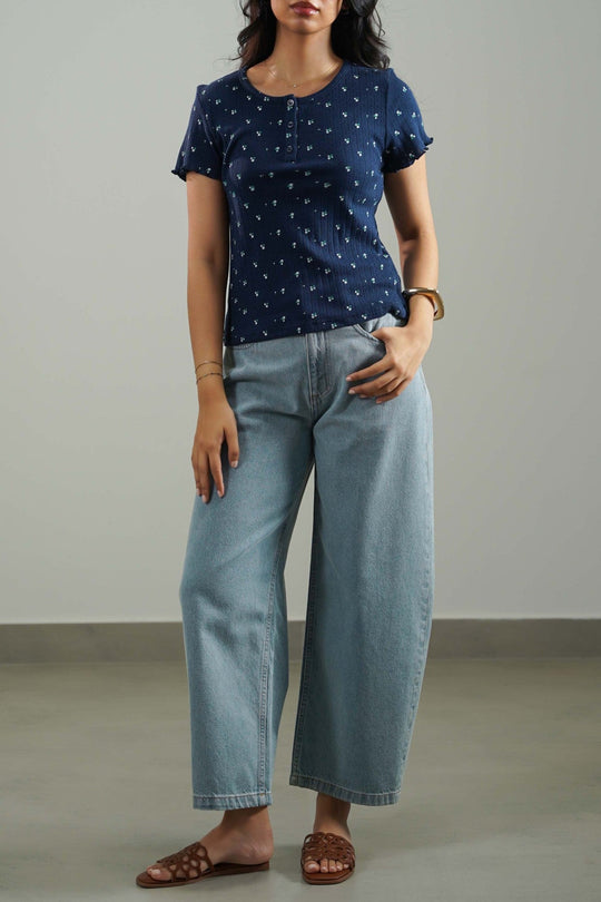NAVY FLORAL HENLEY TEE