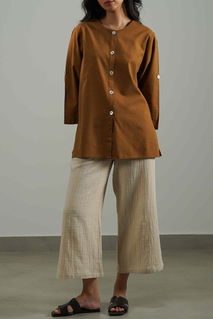 BROWN SOFT SLUB BLOUSE