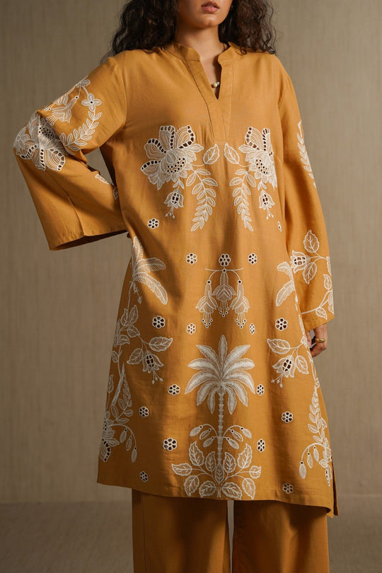 MUSTARD OCHRE BLOOM EMBROIDERED TUNIC