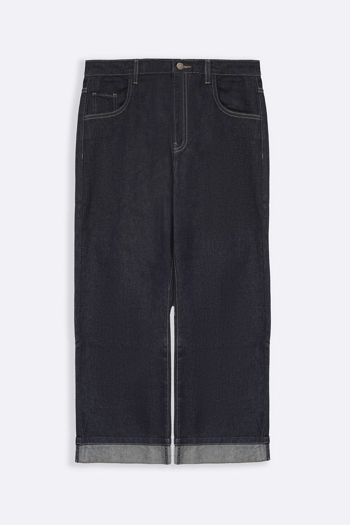 DARK BLUE ROLL UP WIDE JEANS