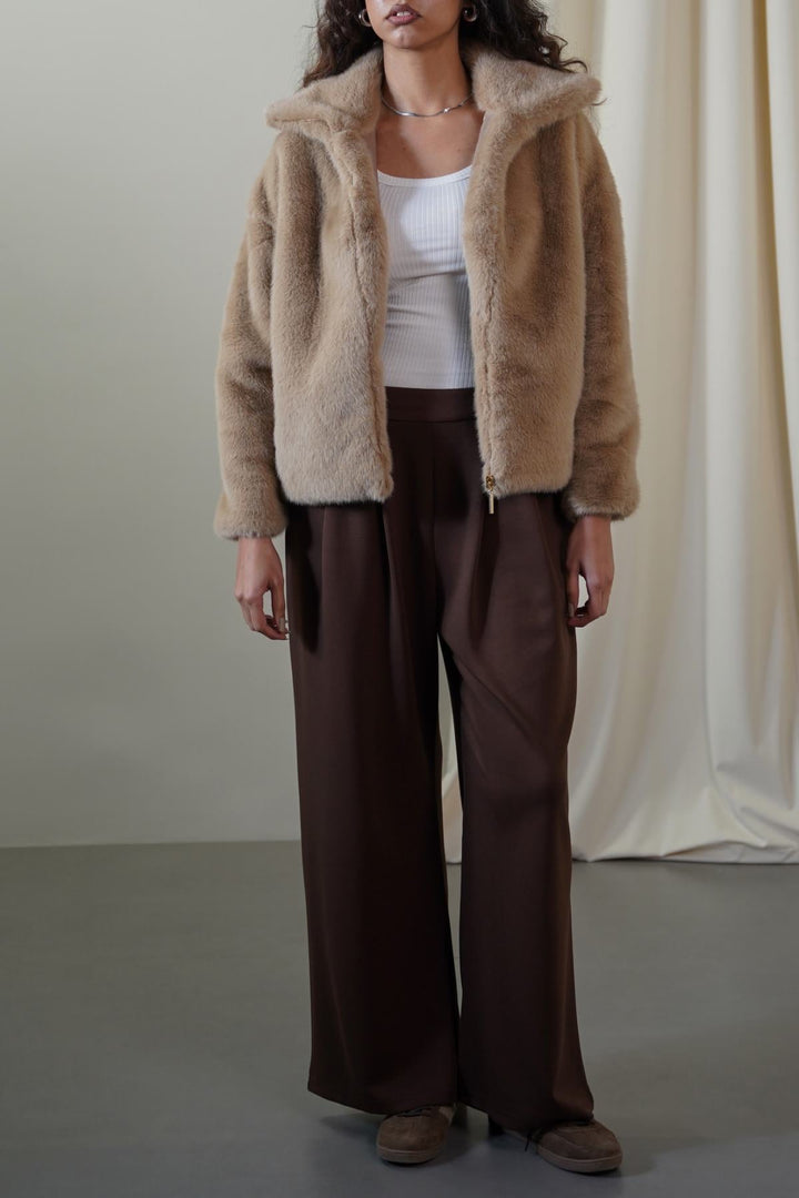 KHAKI FUNNEL NECK FUR JACKET