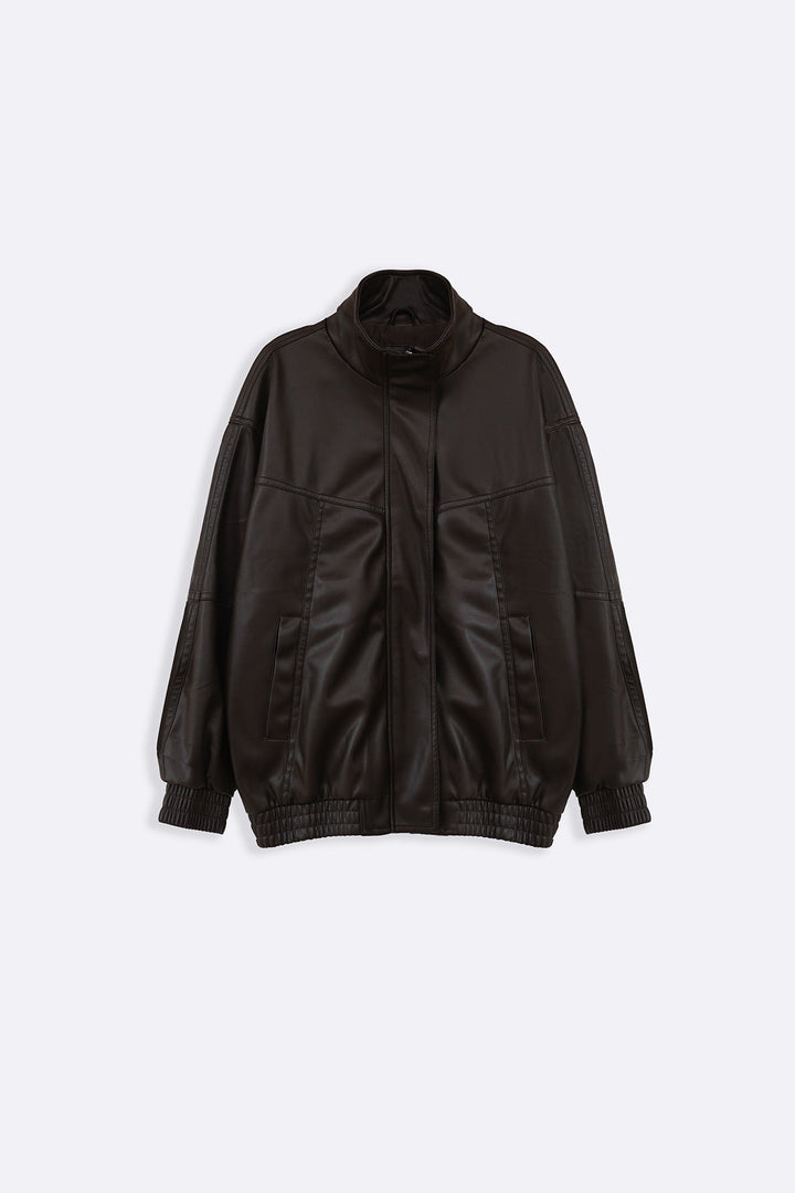 BROWN VEGAN LEATHER BOMBER JACKET