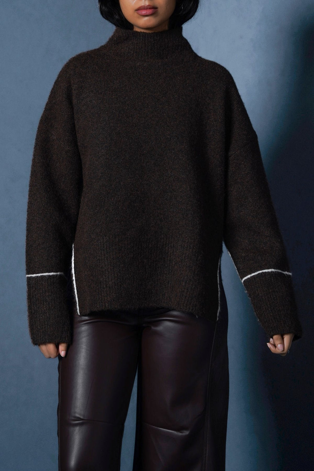BROWN LINEA MOCKNECK SWEATER