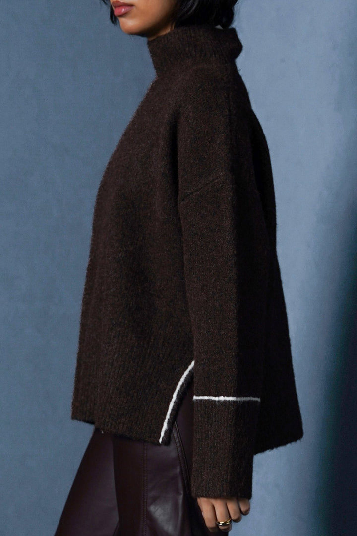 BROWN LINEA MOCKNECK SWEATER