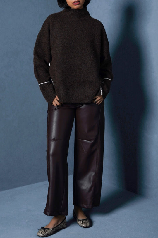 BROWN LINEA MOCKNECK SWEATER